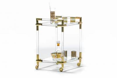 Karl Springer Hollywood Regency Lucite and Brass Rolling Bar Cart 1970s