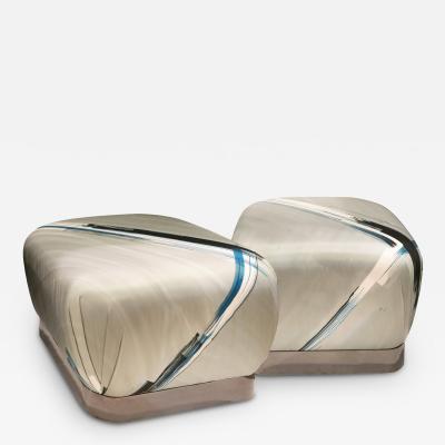 Karl Springer Karl Springer Pair of Souffle Ottomans with Polished Gunmetal Bases 1970s