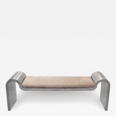 Karl Springer Karl Springer Sculptural Bench in Stainless Steel with Suede Seat Cushion 1980s