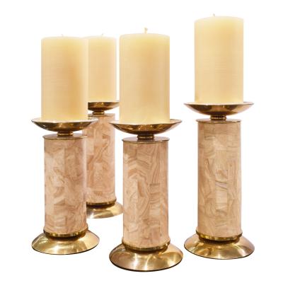 Karl Springer Karl Springer Set of 4 Candle Holders in Travertine and Brass 1980s