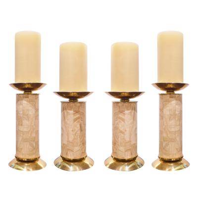 Karl Springer Karl Springer Set of 4 Candle Holders in Travertine and Brass 1980s