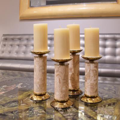 Karl Springer Karl Springer Set of 4 Candle Holders in Travertine and Brass 1980s