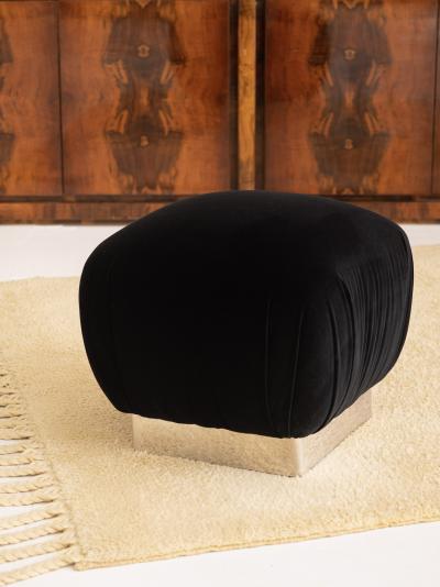 Karl Springer Karl Springer Style Souffl Ottoman in Black Velvet With Chrome Base