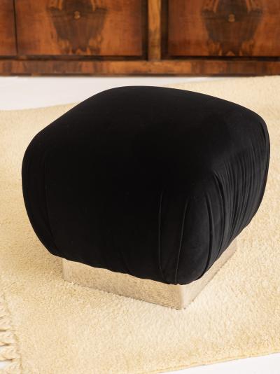 Karl Springer Karl Springer Style Souffl Ottoman in Black Velvet With Chrome Base