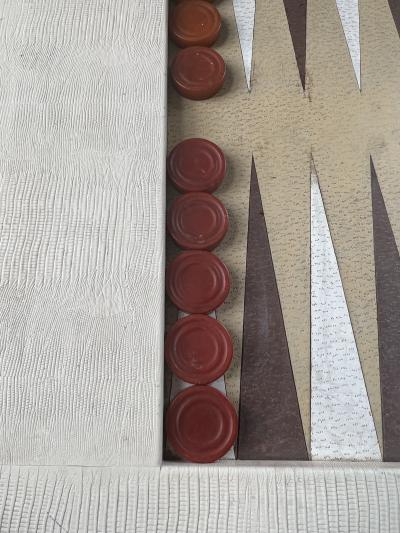 Karl Springer LIZARD BACKGAMMON TABLE WITH BAKELITE PIECES IN THE MANNER OF KARL SPRINGER