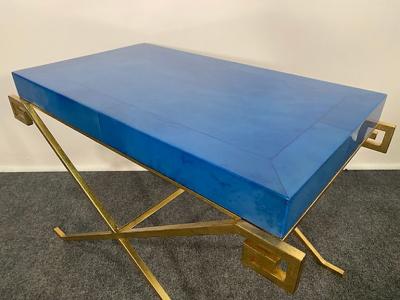 Karl Springer LTD Pair of JMF Greek Key Tables w Lapis Goatskin Tops Karl Springer Ltd