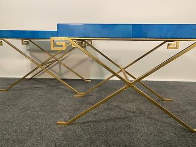 Karl Springer LTD Pair of JMF Greek Key Tables w Lapis Goatskin Tops Karl Springer Ltd