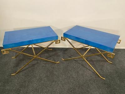 Karl Springer LTD Pair of JMF Greek Key Tables w Lapis Goatskin Tops Karl Springer Ltd