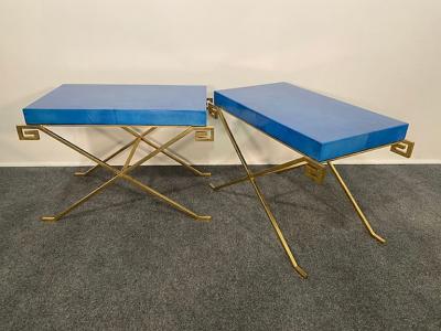 Karl Springer LTD Pair of JMF Greek Key Tables w Lapis Goatskin Tops Karl Springer Ltd