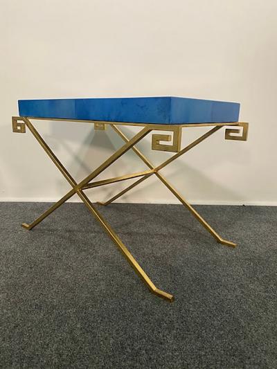 Karl Springer LTD Pair of JMF Greek Key Tables w Lapis Goatskin Tops Karl Springer Ltd