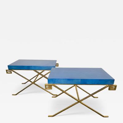 Karl Springer LTD Pair of JMF Greek Key Tables w Lapis Goatskin Tops Karl Springer Ltd