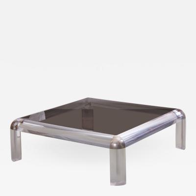 Karl Springer Lucite Chrome and Smoked Glass Square Coffee Table Karl Springer Style