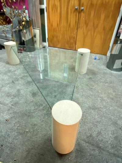 Karl Springer MODERN CYLINDER AND GLASS TRIANGULAR COFFEE TABLE IN THE MANNER OF KARL SPRINGER
