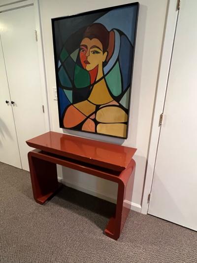 Karl Springer MODERN DEEP RED LACQUERED CONSOLE WITH CHROME ROD ACCENTS