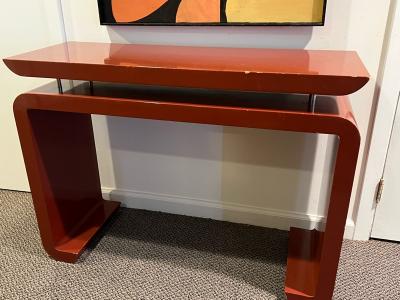 Karl Springer MODERN DEEP RED LACQUERED CONSOLE WITH CHROME ROD ACCENTS