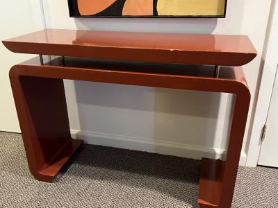 Karl Springer MODERN DEEP RED LACQUERED CONSOLE WITH CHROME ROD ACCENTS