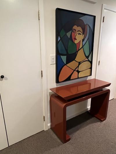 Karl Springer MODERN DEEP RED LACQUERED CONSOLE WITH CHROME ROD ACCENTS