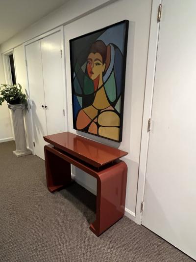 Karl Springer MODERN DEEP RED LACQUERED CONSOLE WITH CHROME ROD ACCENTS