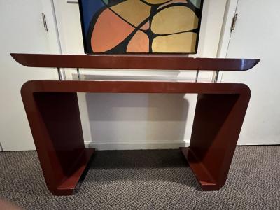 Karl Springer MODERN DEEP RED LACQUERED CONSOLE WITH CHROME ROD ACCENTS