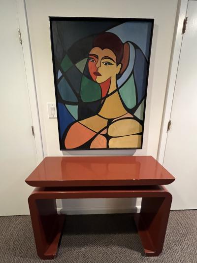 Karl Springer MODERN DEEP RED LACQUERED CONSOLE WITH CHROME ROD ACCENTS