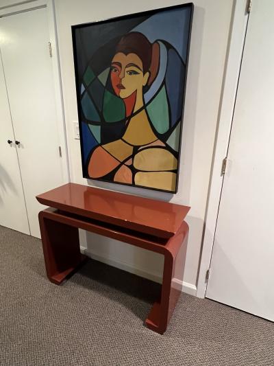 Karl Springer MODERN DEEP RED LACQUERED CONSOLE WITH CHROME ROD ACCENTS