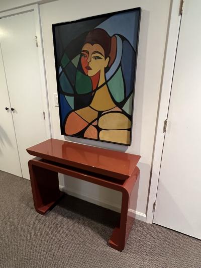 Karl Springer MODERN DEEP RED LACQUERED CONSOLE WITH CHROME ROD ACCENTS