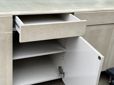 Karl Springer MODERN FAUX SNAKESKIN SIDEBOARD WITH GLASS TOP IN THE MANNER OF KARL SPRINGER