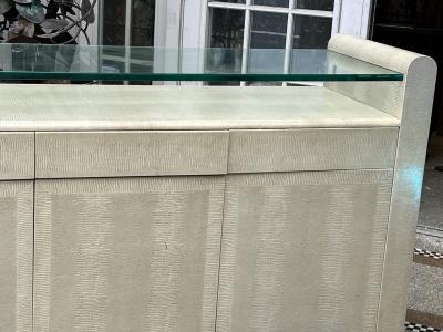 Karl Springer MODERN FAUX SNAKESKIN SIDEBOARD WITH GLASS TOP IN THE MANNER OF KARL SPRINGER