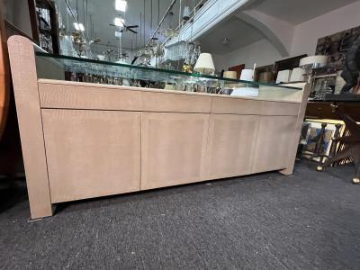 Karl Springer MODERN FAUX SNAKESKIN SIDEBOARD WITH GLASS TOP IN THE MANNER OF KARL SPRINGER
