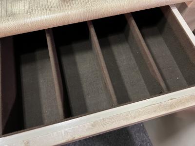 Karl Springer MODERN FAUX SNAKESKIN SIDEBOARD WITH GLASS TOP IN THE MANNER OF KARL SPRINGER