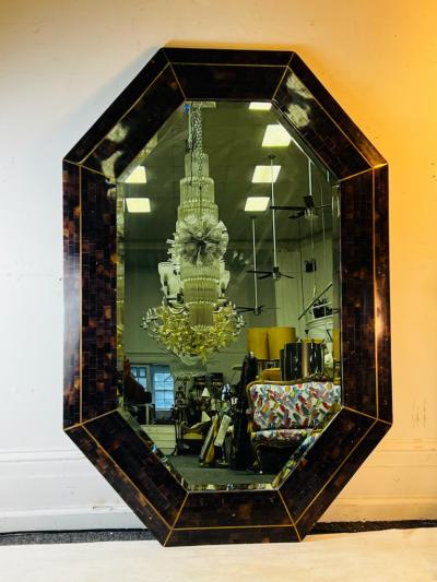 Karl Springer MODERN OCTAGONAL TESSELATED HORN AND BRASS MIRROR IN THE STYLE OF KARL SPRINGER