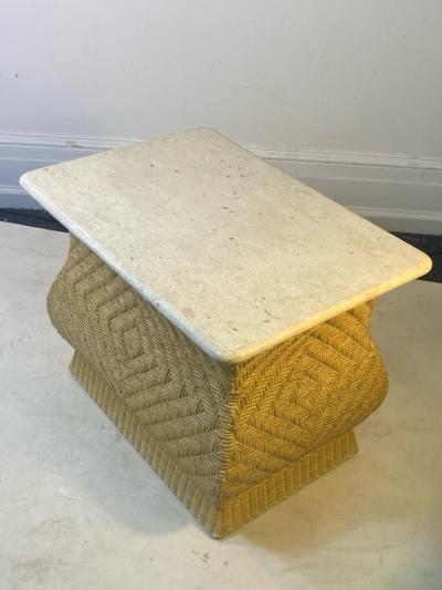 Karl Springer MODERN PAIR OF TRAVERTINE AND WICKER CORSETTED TABLES