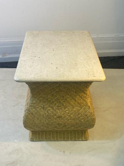 Karl Springer MODERN PAIR OF TRAVERTINE AND WICKER CORSETTED TABLES