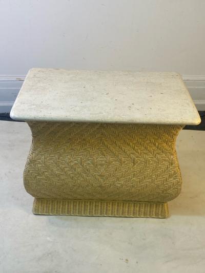 Karl Springer MODERN PAIR OF TRAVERTINE AND WICKER CORSETTED TABLES