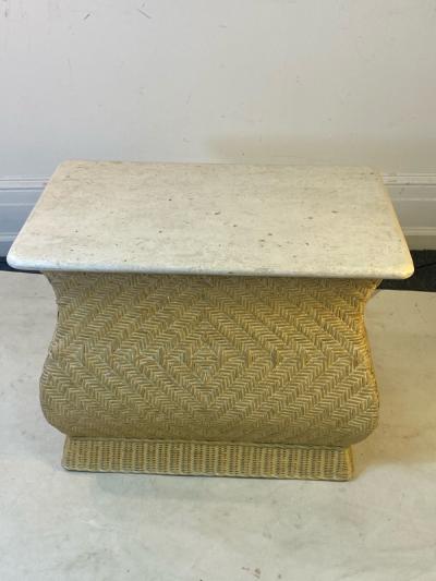 Karl Springer MODERN PAIR OF TRAVERTINE AND WICKER CORSETTED TABLES
