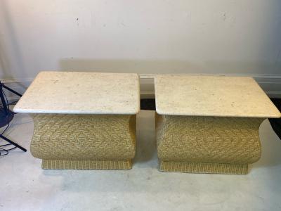 Karl Springer MODERN PAIR OF TRAVERTINE AND WICKER CORSETTED TABLES