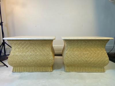 Karl Springer MODERN PAIR OF TRAVERTINE AND WICKER CORSETTED TABLES