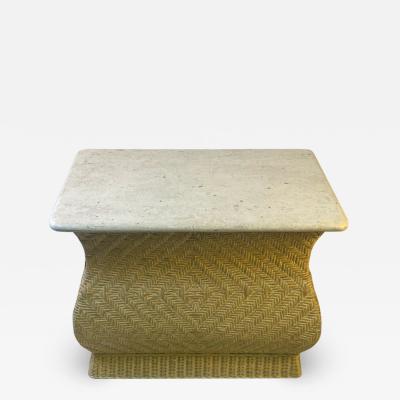 Karl Springer MODERN PAIR OF TRAVERTINE AND WICKER CORSETTED TABLES