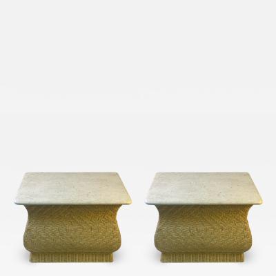 Karl Springer MODERN PAIR OF TRAVERTINE AND WICKER CORSETTED TABLES