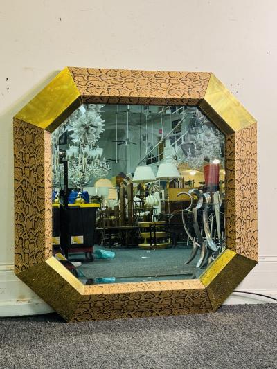 Karl Springer MODERN SNAKESKIN AND BRASS LOZENGE SHAPED MIRROR