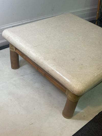 Karl Springer MODERN TRAVERTINE RESIN AND BAMBOO COFFEE TABLE