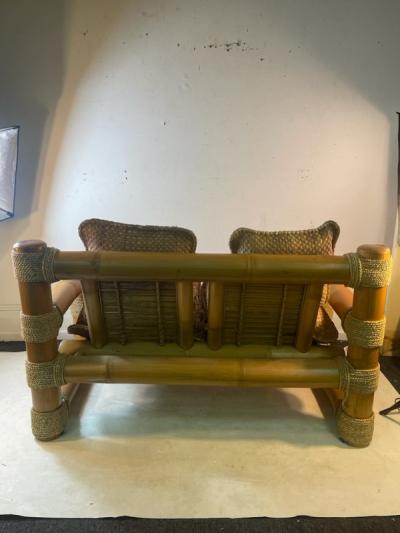 Karl Springer MODERNIST BAMBOO AND TIED SISAL SETTEE IN THE MANNER OF KARL SPRINGER