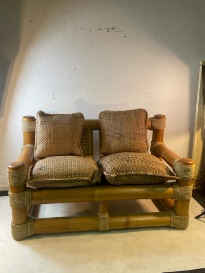 Karl Springer MODERNIST BAMBOO AND TIED SISAL SETTEE IN THE MANNER OF KARL SPRINGER