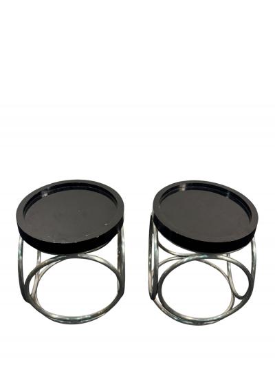 Karl Springer MODERNIST BLACK LACQUER TUBULAR CHROME TABOURET TABLES