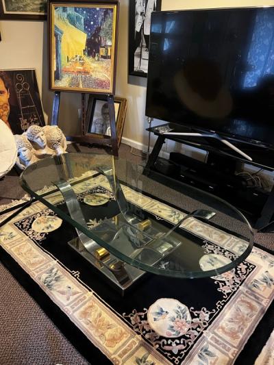 Karl Springer MODERNIST CHROME AND BRASS TULIP COFFEE TABLE IN THE MANNER OF KARL SPRINGER