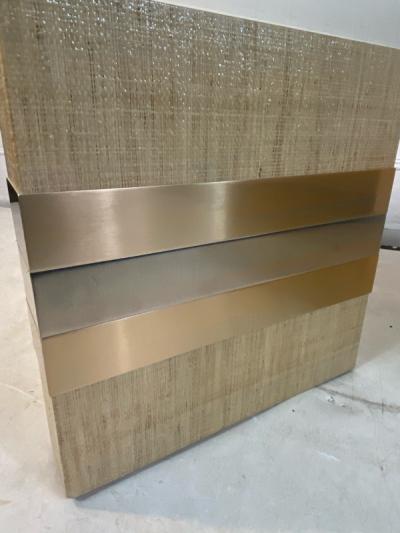 Karl Springer MODERNIST GRASSCLOTH AND TWO TONE METAL COFFEE TABLE