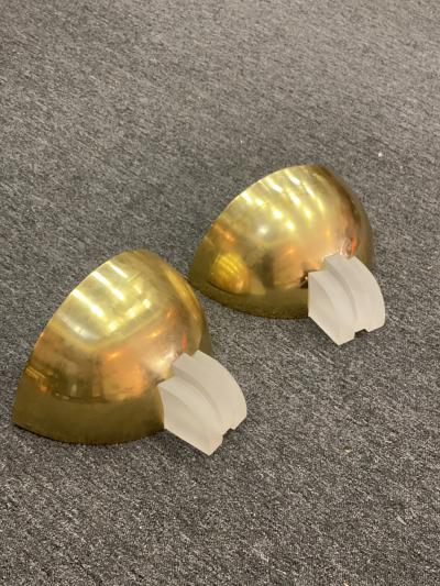 Karl Springer MODERNIST PAIR OF BRASS AND FROSTED LUCITE SCONCES BY KARL SPRINGER