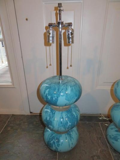 Karl Springer Magnificent Pair Karl Springer Marbleized Blue Lacquer Lucite Table Lamps 1970s