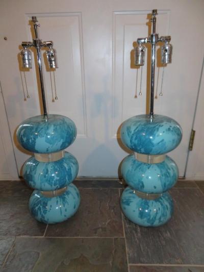 Karl Springer Magnificent Pair Karl Springer Marbleized Blue Lacquer Lucite Table Lamps 1970s