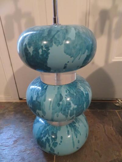 Karl Springer Magnificent Pair Karl Springer Marbleized Blue Lacquer Lucite Table Lamps 1970s